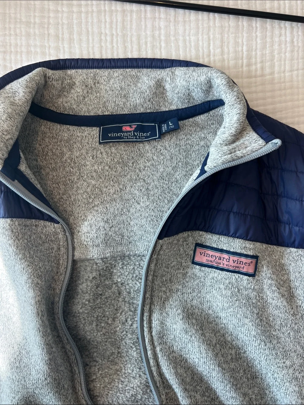 Vineyard Vines Kids Gray Fleece Jacket with Navy Quilted Yoke